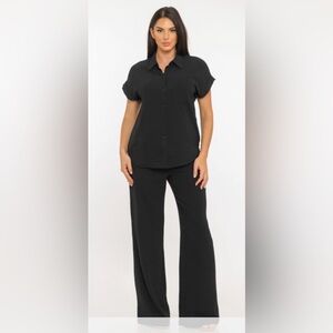 Classic Black Button-Front Short Sleeve Top & Wide-Leg Pants Set